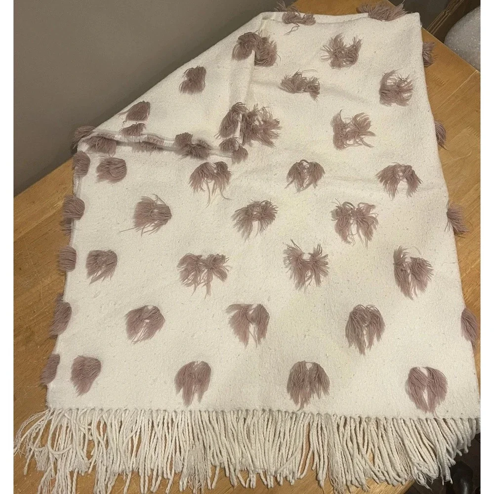 Pier 1 Imports Dusty Rose‎ Pink Floral Pom Pom Fringe Throw Blanket 50